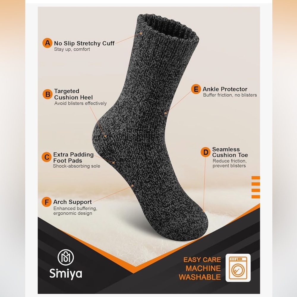 🆕 Merino Wool Socks for Men, 5 Pairs Thermal Warm Hiking Super Thick Crew - Picture 5 of 5
